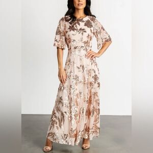 NWT Baltic Born Lucy Maxi Dress in Sequin Floral Blush Pink and Gold Size S